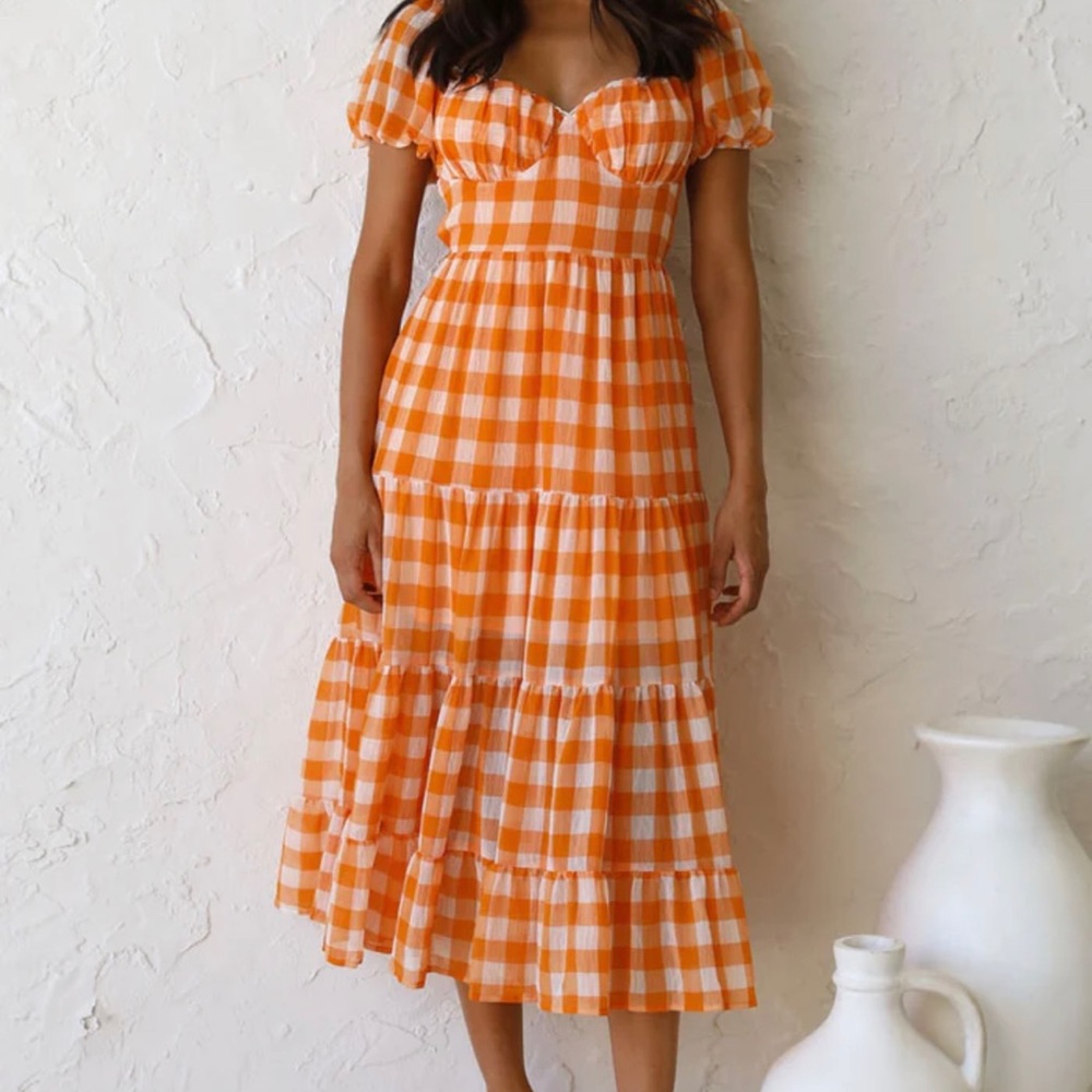 Hello Molly Orange Gingham Midi Dress